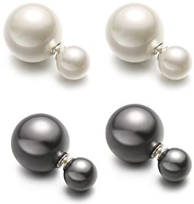 MICHELLEYOUNG Orecchini in argento Sterling con perle bianche e grigie, eleganti a perno con doppia sfera, Argento