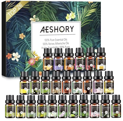AESHORY Aceites Esenciales para Humidificador, TOP26 x 5ML Aromaterapia de Aceite Esencial Naturale para Difusor, Cuidado de la Piel y Cabello, SPA, Masaje, Bricolaje Casero, Baño Caja de Regalo