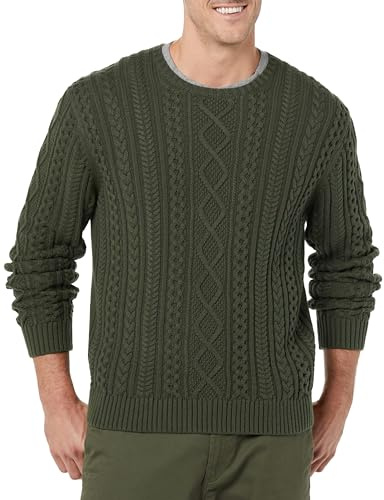 Amazon Essentials Men's Long-Sleeve 100% Cotton Fisherman Cable Crewneck Sweater, Dark Olive, XX-Large