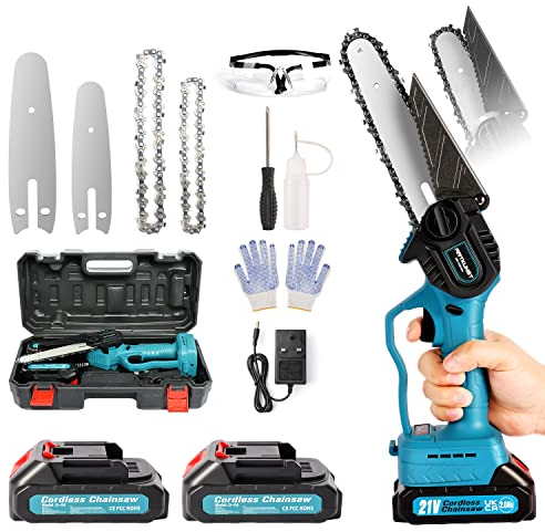 Upgraded 6inch Mini Electric Chainsaw with 2 Rechargeable Batteries, 21V Cordless Chainsaw with Safety Button for Tree Trimming & Wood Cutting