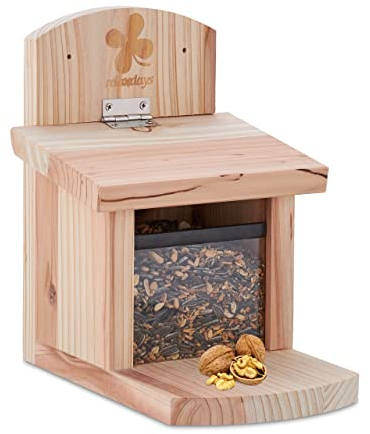 Relaxdays Eichhörnchen Futterhaus, FSC-zertifiziertes Holz, Klappdach, Belüftungslöcher, Futterstation zum Hängen, Natur