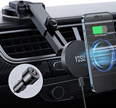 YOSH for MagSafe Car Charger Mount Dashboard, Magnetic Fast Charging iPhone Wireless Charger Mount, Magnet Phone Holder with 36W Car Adapter for iPhone 16/15/14/13/12 Series, Fits MagSafe Case