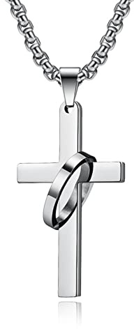 KnSam Edelstahl Herren Y Halskette mit Anhänger Kreuz mit Ringe, Herren Ketten Retro Erbskette für Männer-Schmuck, Silber