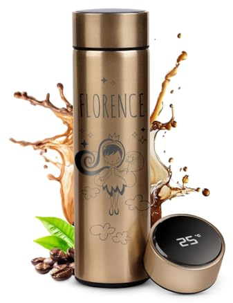 Maverton Thermosflasche mit Gravur 450 ml - Kaffeebecher mit LED-Touch-Anzeige - Thermobecher auslaufsicher 100% dicht - Travel Mug aus Edelstahl für Frauen - Farbe: gold - Fee