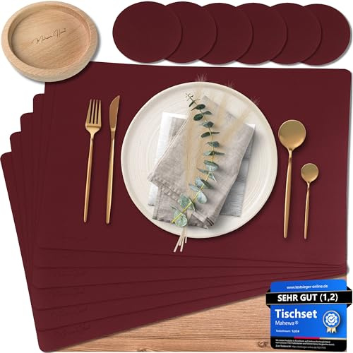 Mahewa® 6er Set Premium Tischset aus Kunstleder - Platzset abwaschbar und wasserdicht - Platzdeckchen Telleruntersetzer in Lederoptik (Weinrot, Eckig mit Halter)