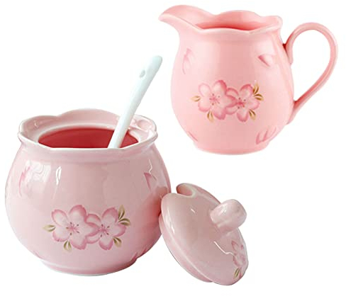 Azucarero de cerámica, azucarero de cerámica con tapa y jarra de leche, bote de crema y azúcar, jarra de azúcar for crema, juego de servir café, jarra de crema, jarra de leche rosa y azucarero ( Color