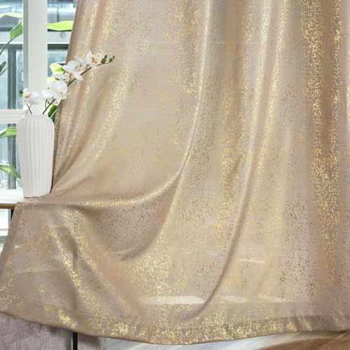 TERLYTEX Gold Vorhänge 213 cm lang für Wohnzimmer 2 Paneele Metallic Goldfolie Druck Glitzer Sparkle Vorhänge für Schlafzimmer Tülle Privatsphäre halbdurchsichtig Schimmernde Vorhänge, 132 x 213 cm,