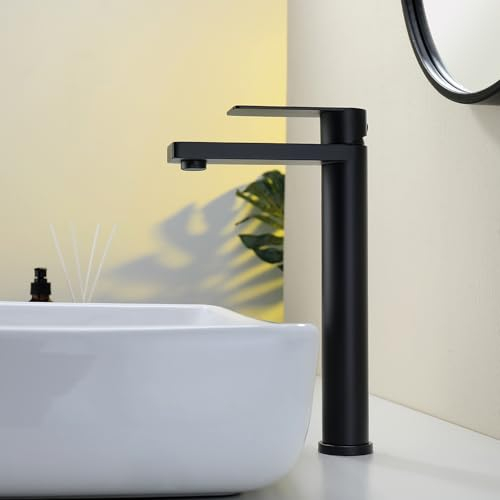 Decaura Waschtischarmatur Schwarz Matt Hoch Wasserhahn Bad Badezimmer Waschbecken Armatur Edelstahl Einhebelmischer mit Auslaufhöhe 250 mm für Waschschale ohne Hahnloch/Aufsatzwaschbecken