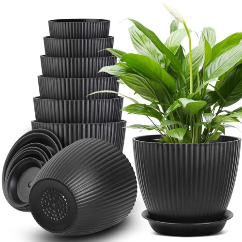 Plant Pots Indoor, Plastic Plant Pots, Indoor Plant Pot with Drainage Hole and Tray for Garden, House Plants, Outdoor & Indoor (BLACK)