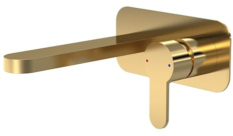 Balterley Wall Mount Basin Mixer Tap & Back Plate, 2 Tap Hole Basin Taps, Round Bathroom Taps, Flat Rounded Spout, Flat Single Lever Handle & Rectangular Backplate - 108 x 193 x 180mm (Brushed Brass)