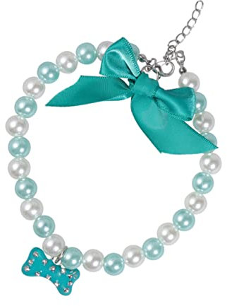 Sosoport Pearl PET Necklace Bowknot Pendant Adjustable Dog Collar for Small Medium Dogs Elegant Jewelry for Pets in Light Blue and White