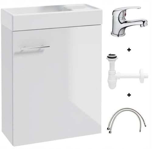.Deftrans waschbecken gäste wc mit unterschrank 50 x 70 x 23 cm, gäste wc waschtisch, gästewaschbecken klein Set - waschbeckenunterschrank weiß mit Siphon und Waschtischarmatur