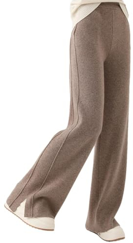 Pantaloncini da donna a gamba larga con fessura in lana a maglia, pantaloni solidi a vita alta, morbidi e caldi, Marrone e grigio., S