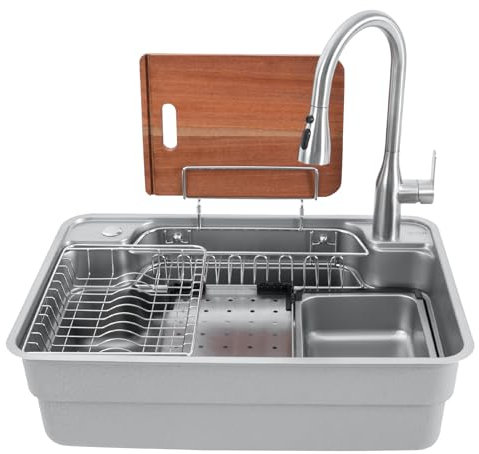 Spülbecken Einbauspüle 304 Edelstahl Küchenspüle mit Wasserhahn Kann 180° Gedreht Werden Drei Wasserabgabemodi Wasserstrahl, Duschkopf und Klinge für Küche Esszimmer 70 * 48 * 23cm(Spüle +Zubehör)