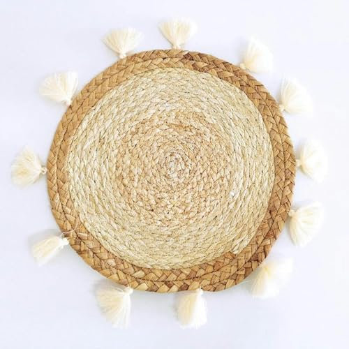 20-38cm Leaf/Flower shaped Woven Placemats, Water Hyacinth/Corn Husk Placemats, Non-Slip, Heat Resistant, Hand Woven Chargers for Dining Table-38cm