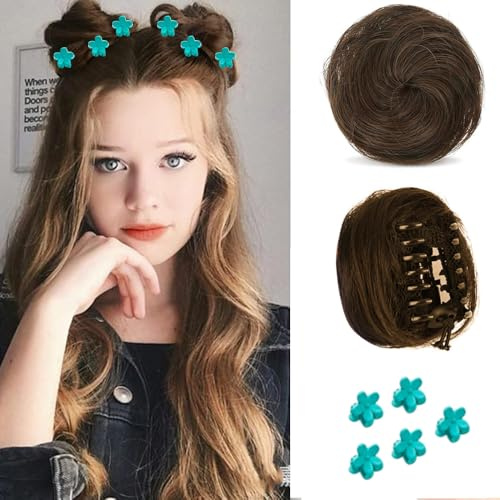 QKEPCY 2PCS Krallen Clip in Haar Bun für Damen Mädchen Mini Messy Bun Haarteile Dutt mit Klammer Gelockt Haargummi Gepaart mit 5PCS Floralen Haarspangen