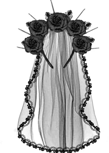 PinkSheep Schwarzer Halloween Stirnband mit Schleier, Gothic-Krone Blumen-Haarschmuck,Gruselige Halloween Geschenke für Frauen