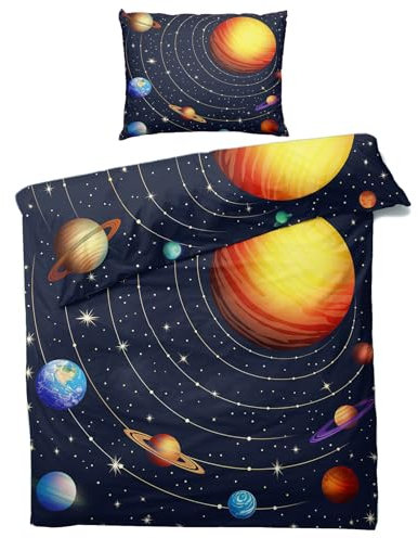 Generisch Weltraum Kinder Bettwäsche 135x200 - Weltall Planeten Bettbezug 135 x 200 2er Set, Weiche & Angenehme Mikrofaser Bettbezüge & Kissenbezug 80x80, Bettwäsche-Sets mit Reißverschluss K#-104