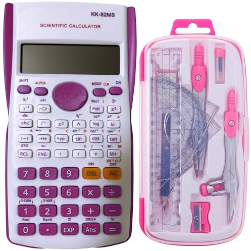 Maths Set Scientific Calculators Protractor and Compass - Basic Stationery Set 240 Functions 2 Line 10+2 Digits,Desk Math for School Protractor and Compass with Rulers and Two Set Squares