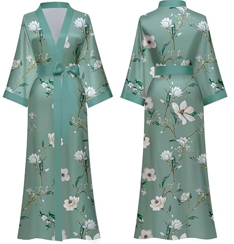 Top Sale Soft Lightweight Satin Kimono Bath Robe Dressing Gown Pyjama Long Sleeve, Full Length, Free Size (UK, Alpha, One Size, Regular, Regular, Teal Orchid)
