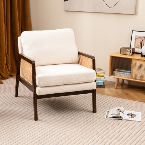 Giantex Mid Century Modern Accent Chair, Boho Boucle Living Room Arm Chair w/Rattan Arms, Wooden Frame, Thick Cushion, Pillow, Sherpa Reading Side Chair for Bedroom, Balcony, Brown+Beige