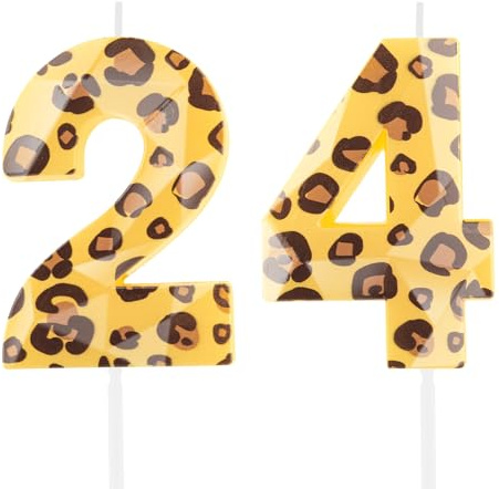 Hongplus Cheetah 24 Candele per Torta di Compleanno, Candele Numerate con Stampa Leopardo, Candela Numero 24 Felice Compleanno per Torta, Decorazione per Festa di Compleanno per Ragazze e Donne