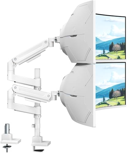 Dubbel skärm-arm kraftig för 17-49 tums skärmar – vertikalt staplat dubbelt bildskärmsfäste för ultrawide skärmar upp till 20 kg, aluminium, fullt rörlig, VESA 75/100 mm, vit