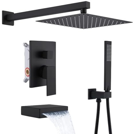 Ducha Empotrada Cabezal de Ducha Lluvia Ajustable 360 grados 3 Modos Grifo Bañera y Ducha con Caño de Baño Cascada,negro