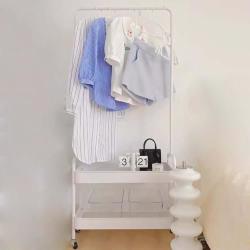 FAXJRU Clothing Rack on Wheels, 3-in 1 Garment Rack with 2 Tier Storage Basket, Rolling Storage Cart Clothes Organizer Coat Rack Storage Stand, for Home Bedroom Laundry Small Space(White)