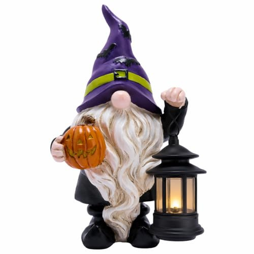 TERESA'S COLLECTIONS Cute Halloween Garden Gnome with Solar Lights 8 | LED Light, Purple Bat Hat Resin Decor with Lantern for Home,Table,Outdoor,Yard,Pumpkin Jack-o-Lanterns,Gifts for Party