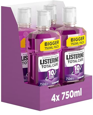 Listerine Total Care Antibacterial Mouthwash (750ml), Caring and Cleansing Wash with 10-in-1 Benefits, Clean Mint-Flavoured to Freshen Breath