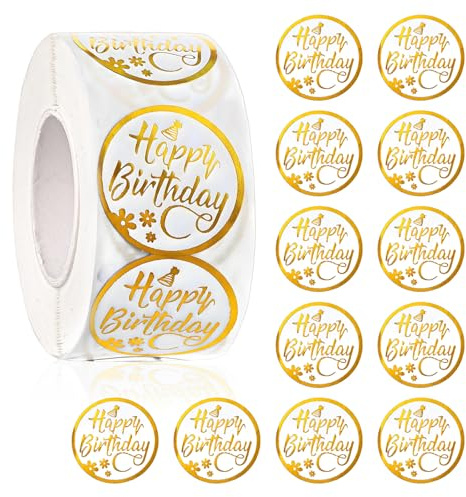 500Pcs Happy Birthday Stickers Roll Birthday Balloon Roll Decals Stickers Fun Birth Day Cake Greeting Sticker Round Labels Banner Tag Seal Sticker for Card Boxes Party Envelope Decoration DIY Gift