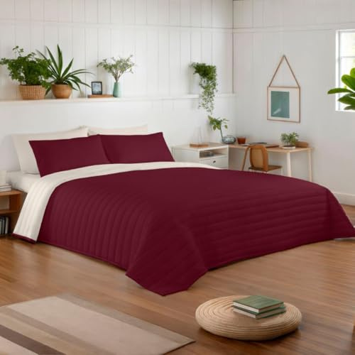 NATURALS - Colcha Bouti Reversible Bicolor | Cama 90/105 (180x260 cm) | Microfibra Extrasuave | Cubrecama Acolchado a Líneas | Ideal Primavera y Verano | Burdeos/Vainilla