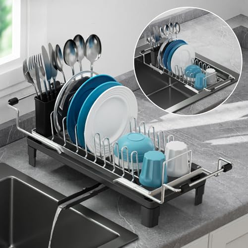 GSlife Small Dish Drying Rack for Counter or Over Sink, Stainless Steel Expandable Dish Drainer with Drain Board and 360° Swivel Drain Spout, Compact for RV, Camper, 1-2 People, Narrow 6.5 W, Silver