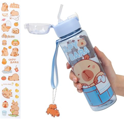 Capybara Water Bottle Kawaii Water Bottle with Straw and Sticker, Portable Leakproof BPA-Free Drinking Bottle for Girls Boys Outdoor Sports, 24 oz (Blue Transparent)