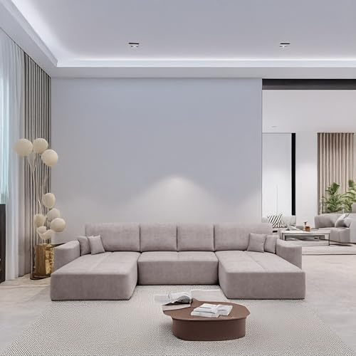 KP-Meble Ecksofa mit schlaffunktion und bettkasten, U-förmiges Ecksofa Soreo, Schlafsofa 330x140cm, Automatisch für einfaches Ausklappen, 389x184x93cm (Whisper 3, Antelope)
