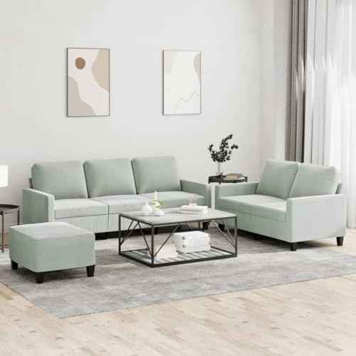 Yisssmeng 3-TLG. Sofagarnitur Hellgrau Samt 138/198 cm Zweisitzer und Dreisitzer mit Ottomane Chaiselongue Modernes Design Robuste Metall-Sperrholz-Konstruktion für Wohnzimmer Büro Flur
