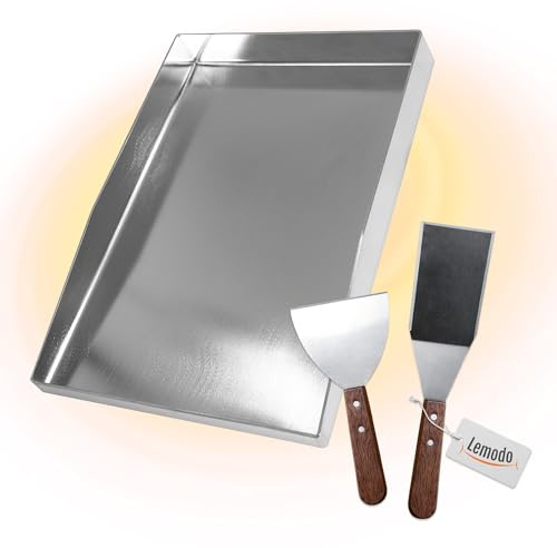 Lemodo Plancha Grillplatte Edelstahl 4 mm, 40 x 29,5 cm, ca. 5 kg, mit hohen Rändern und 2 Spachteln, für Gas- und Holzkohlegrill, ideal für Smashburger, Gemüse und Teppanyaki, für vielseitiges BBQ