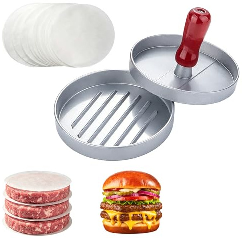 Aluminium Burger Press and Meat Tenderiser, Non-Stick Burger Press with Wooden Handle,Includes 100 Wax Paper Discs,11cm Diameter for Perfect Burgers,Patties,Meatballs,Tenderizing, Steak,Chicken,BBQ