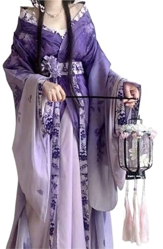 Kvinnors urgamla kinesiska Hanfu-klänning Lila Gradient Wei Jin-stil Flytande bred ärm med blommigt tryck Robe Fullt set for festival Cosplay-fotografering(Purple set,M)