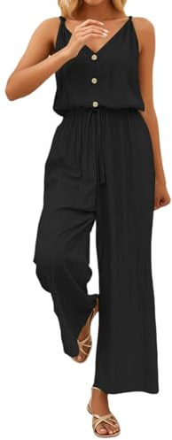Kluantou Mono largo para mujer, de verano, sexy, cóctel, elegante, a la moda, boda, Hawái, vacaciones, playa, cuello en V, traje pantalón, negocios, holgado, festivo, tirantes finos, lino, traje de