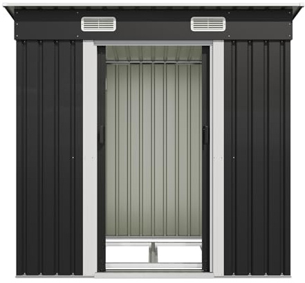 Capanno per attrezzi Devoko in metallo 183x109x182 cm con basamento, capanno da 3,6 m³ con tetto a una falda e porta scorrevole, capanno da giardino per biciclette, terrazza, prato, antracite