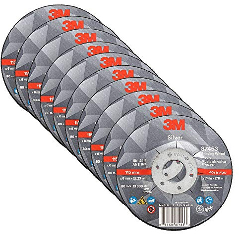 3M Silver Depressed Center Grinding Wheel, 87453, T27, 4.5 in x 1/4 in x 7/8 in, Pack of 10, Deburring Edges, Heavy Stock Removal, Stainless Steel, Mild Steel, Right Angle Grinding