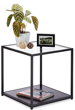 Relaxdays 10023142 Tavolino Basso da Salotto in Vetro, Ripiano in Leg, Nero, 50 x 50 x 50 cm