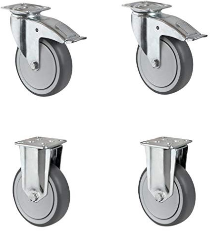 CASCOO SETTAFA125P2T2B42 Rollensatz 2 Lenkrollen mit Feststeller, 2 Bockrollen, Polypropylen, Durchmesser 125 mm, Apparaterollen, Kugellager, spurlos, Traglast 300 kg (4-er Pack)