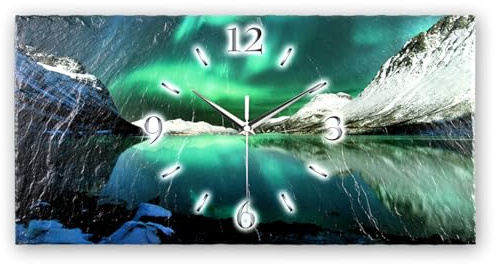 Kreative Feder Designer-Wanduhr Polarlicht Natur-Landschaft aus Stein Made in Germany leise ohne Ticken 50x25cm (Polarlicht, leises Funkuhrwerk)