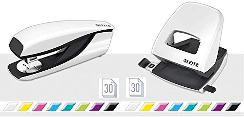 Leitz Büro Locher + Heftgerät, Für 30 Blatt, Anschlagschiene mit Formatvorgaben, Tacker mit 200 Heftklammern, Ergonomisches Design, Weiß, WOW-Serie, 50081001 + 55021001