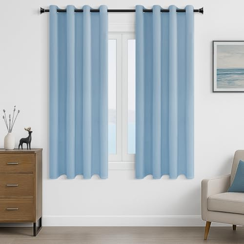MRTREES Gardinen mit Ösen Kurz für Küche Fenster Wohnzimmer Modern, Vorhänge Schlafzimmer Kinderzimmer Blickdicht Hellblau Ösenschal 2er Set H 145 x B 140 cm Vorhang Lichtundurchlässig