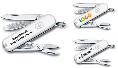 Taschenmesser CLASSIC SD mit Wunschdruck auf der Schale I Geschenk für Männer Frauen I Geschenke zum Geburtstag I Schweizer Taschenmesser personalisiert 7 Funktionen 0.6223 (weiß)