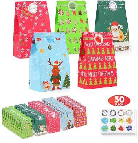 TOOELMON Geschenktüten Weihnachten, 50 Stück Klein Papiertüten Weihnachten mit Aufkleber, Bunt Kinder Geschenk Tüten Kraftpapier für Geschenke Mitgebsel Süßigkeiten Party